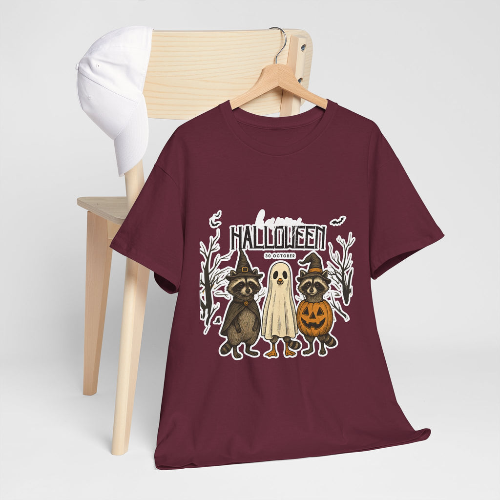 Halloween Raccoon Ghost Pumpkin T‑Shirt — Cute Spooky Costume Trio Tee