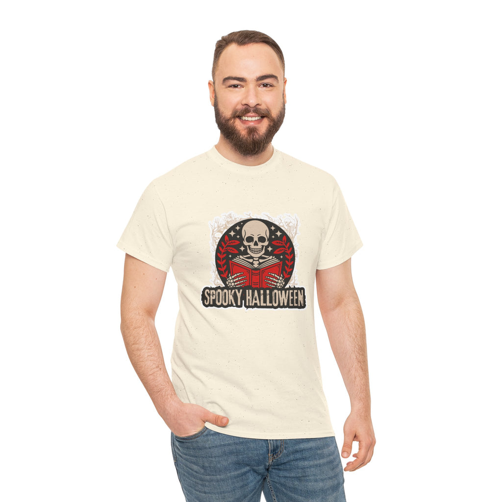 Spooky Halloween Skull Tee — Vintage Skeleton Reading Book Halloween T-Shirt