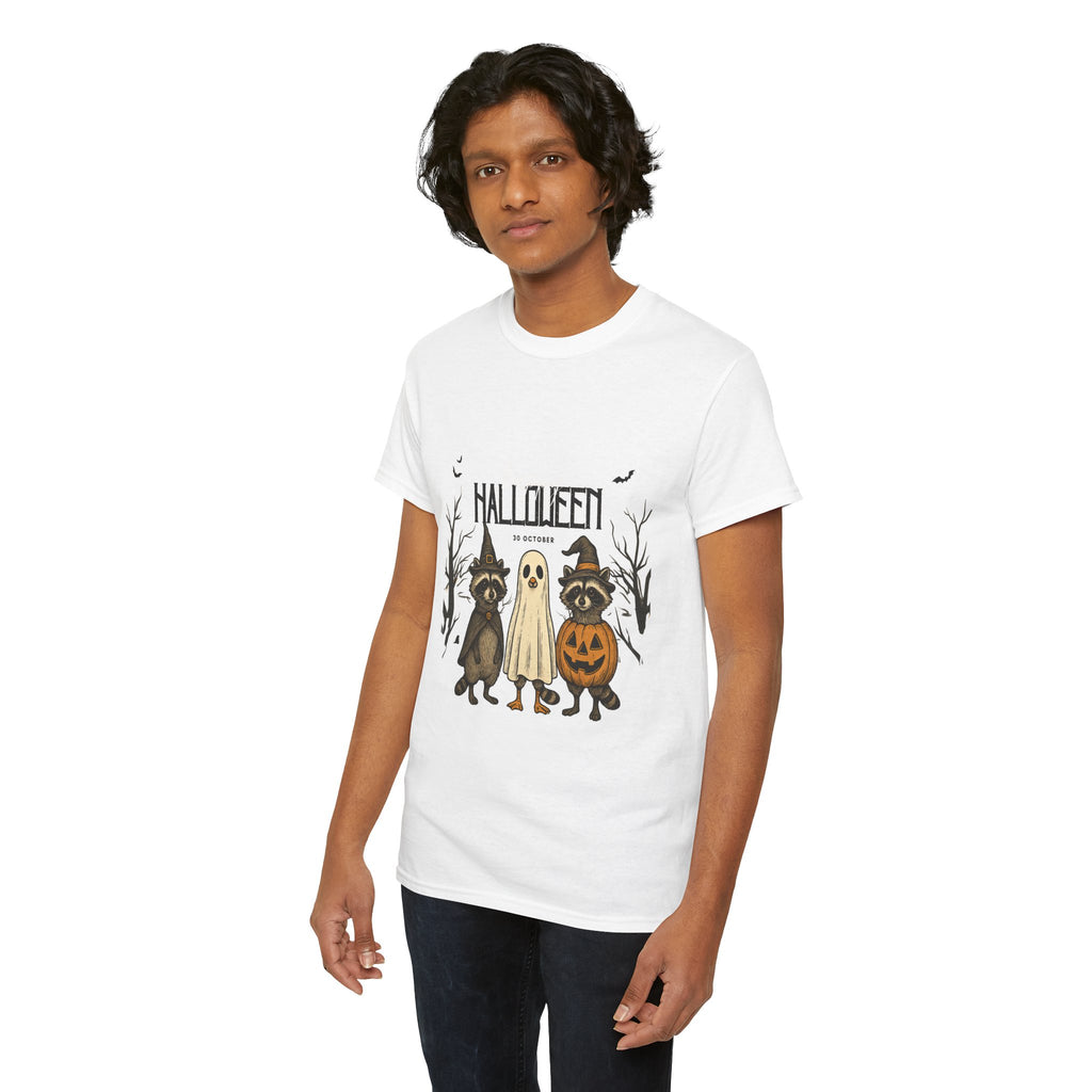 Halloween Raccoon Ghost Pumpkin T‑Shirt — Cute Spooky Costume Trio Tee