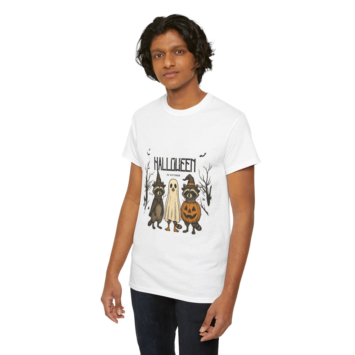 Halloween Raccoon Ghost Pumpkin T‑Shirt — Cute Spooky Costume Trio Tee