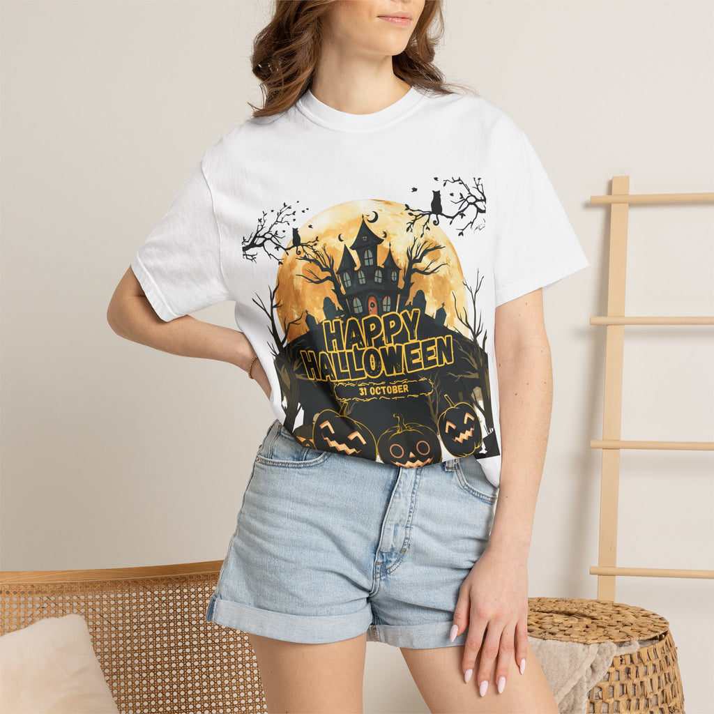 Halloween Haunted House T-Shirt — "Happy Halloween" Pumpkin Graphic Tee