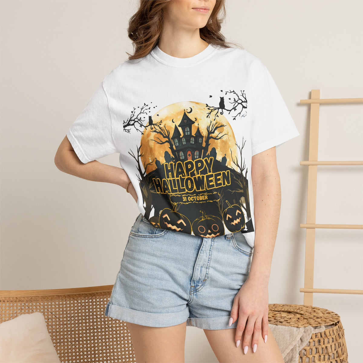 Halloween Haunted House T-Shirt — "Happy Halloween" Pumpkin Graphic Tee