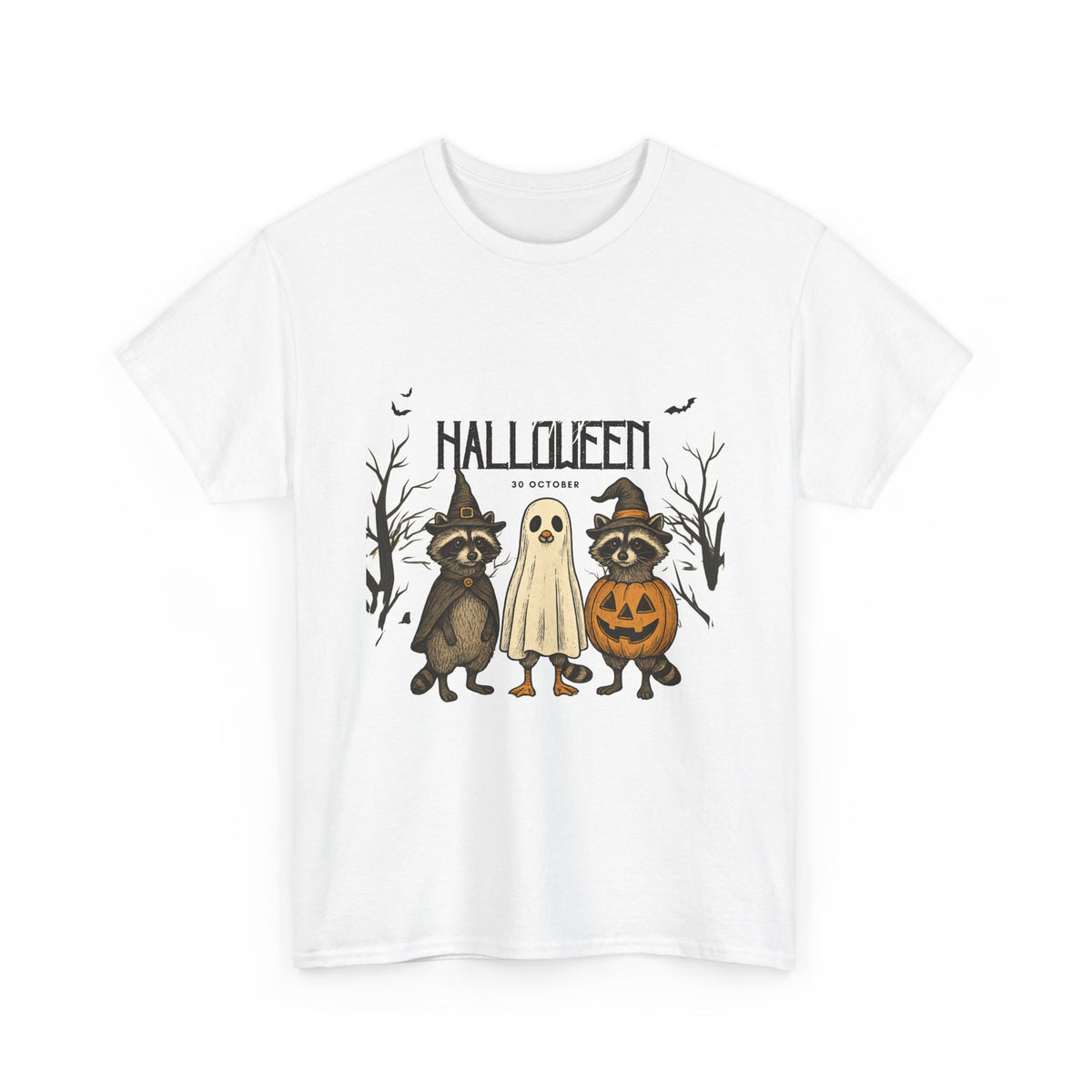 Halloween Raccoon Ghost Pumpkin T‑Shirt — Cute Spooky Costume Trio Tee