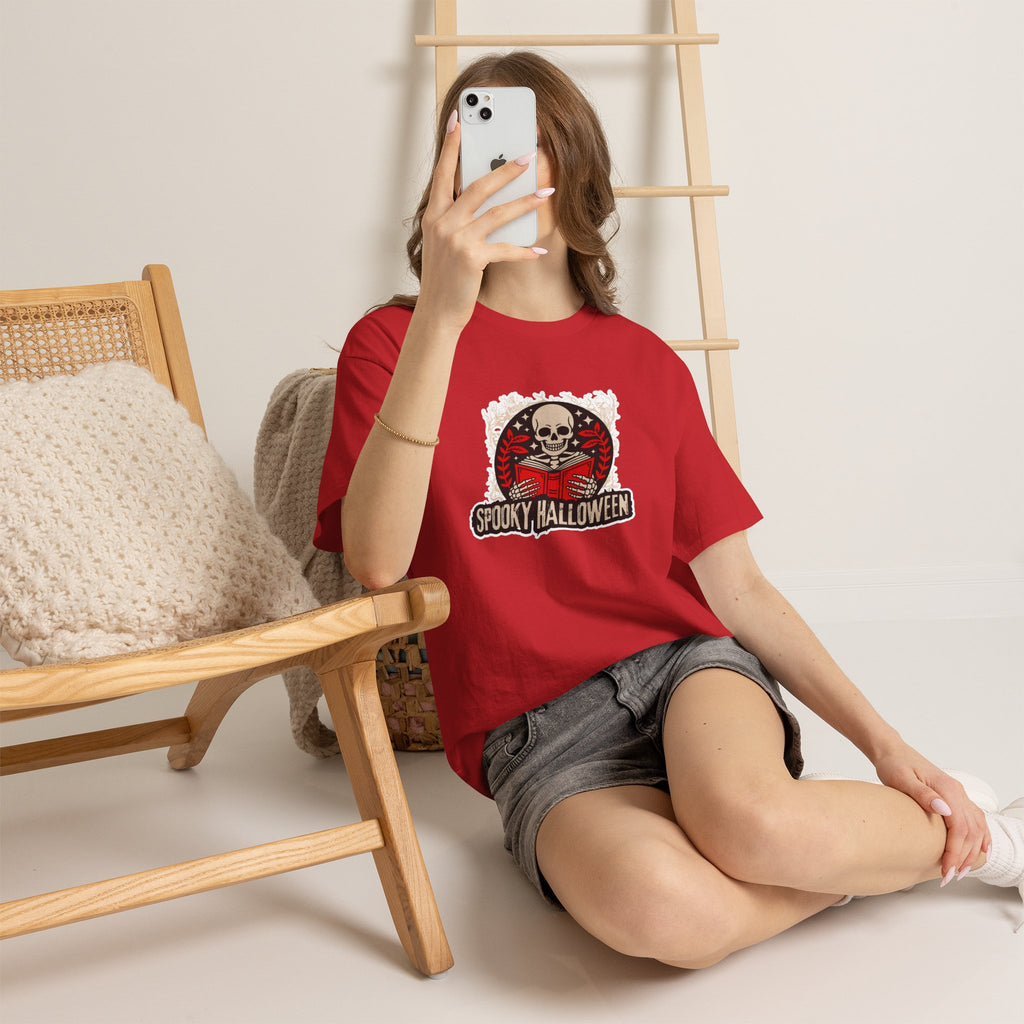 Spooky Halloween Skull Tee — Vintage Skeleton Reading Book Halloween T-Shirt