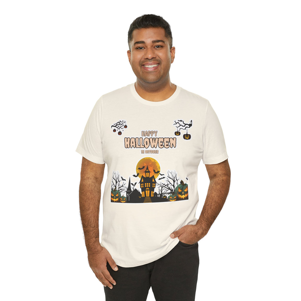 Halloween Haunted House T-Shirt — "Happy Halloween" Pumpkin Spooky Tee
