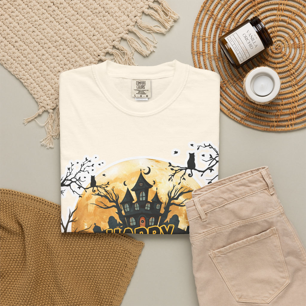 Halloween Haunted House T-Shirt — "Happy Halloween" Pumpkin Graphic Tee