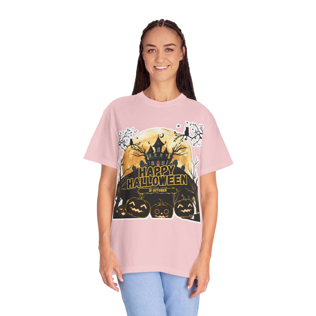 Halloween Haunted House T-Shirt — "Happy Halloween" Pumpkin Graphic Tee