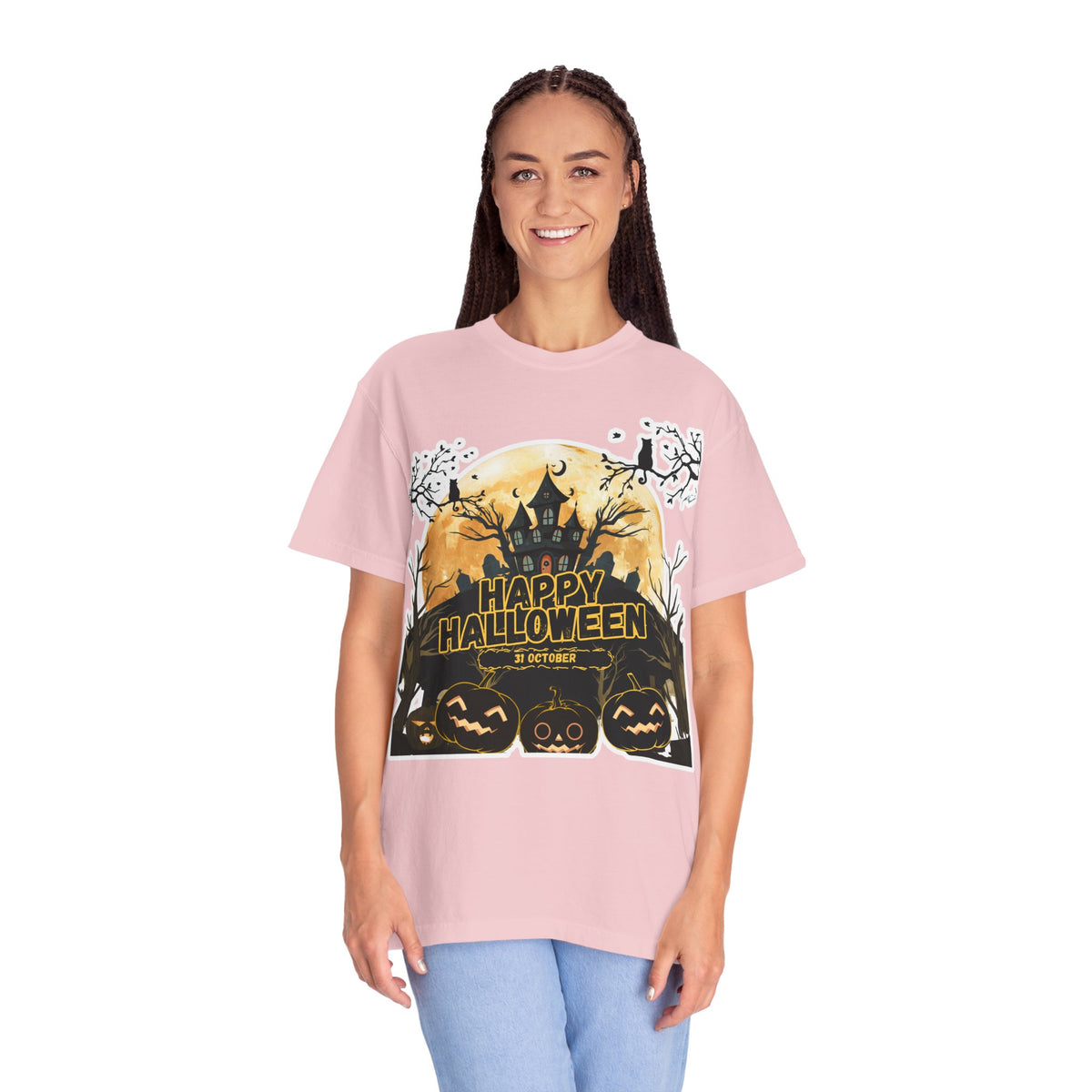 Halloween Haunted House T-Shirt — "Happy Halloween" Pumpkin Graphic Tee