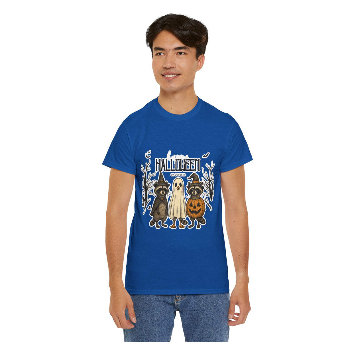 Halloween Raccoon Ghost Pumpkin T‑Shirt — Cute Spooky Costume Trio Tee