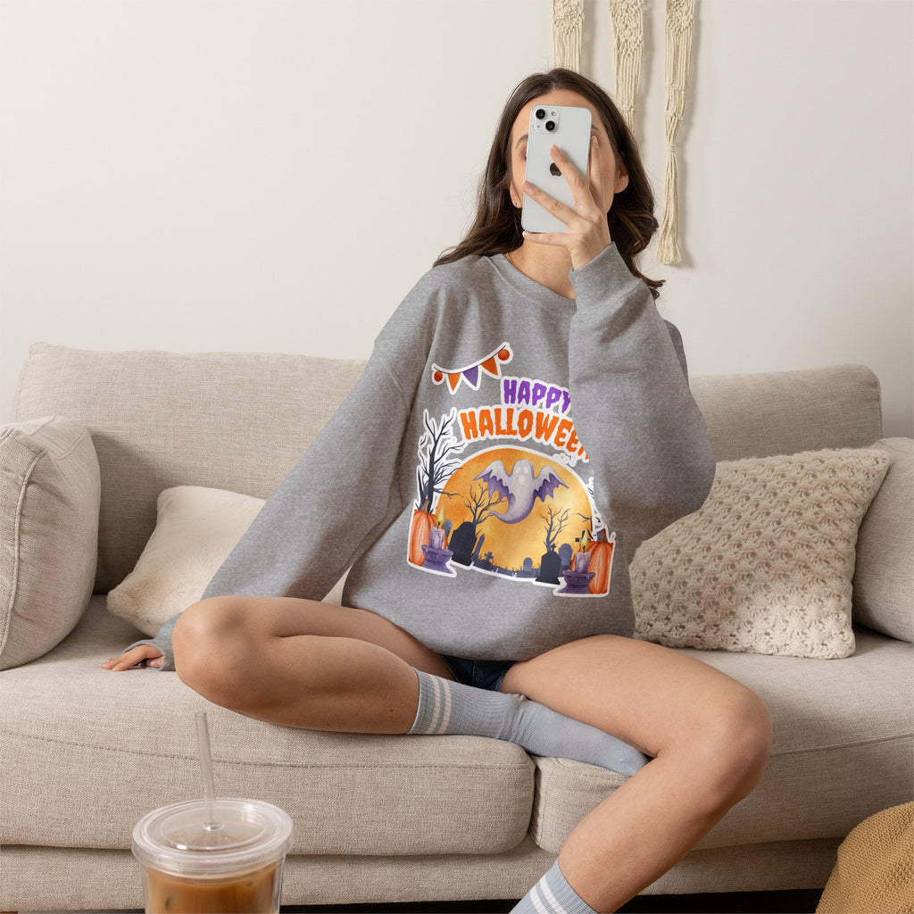 Happy Halloween Crewneck Sweatshirt — Cute Ghost Pumpkin Halloween Sweater