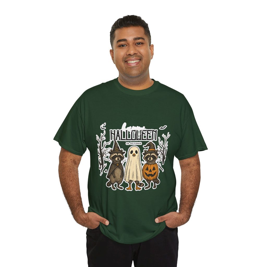 Halloween Raccoon Ghost Pumpkin T‑Shirt — Cute Spooky Costume Trio Tee