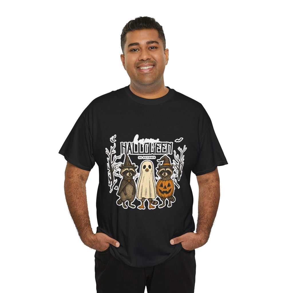 Halloween Raccoon Ghost Pumpkin T‑Shirt — Cute Spooky Costume Trio Tee