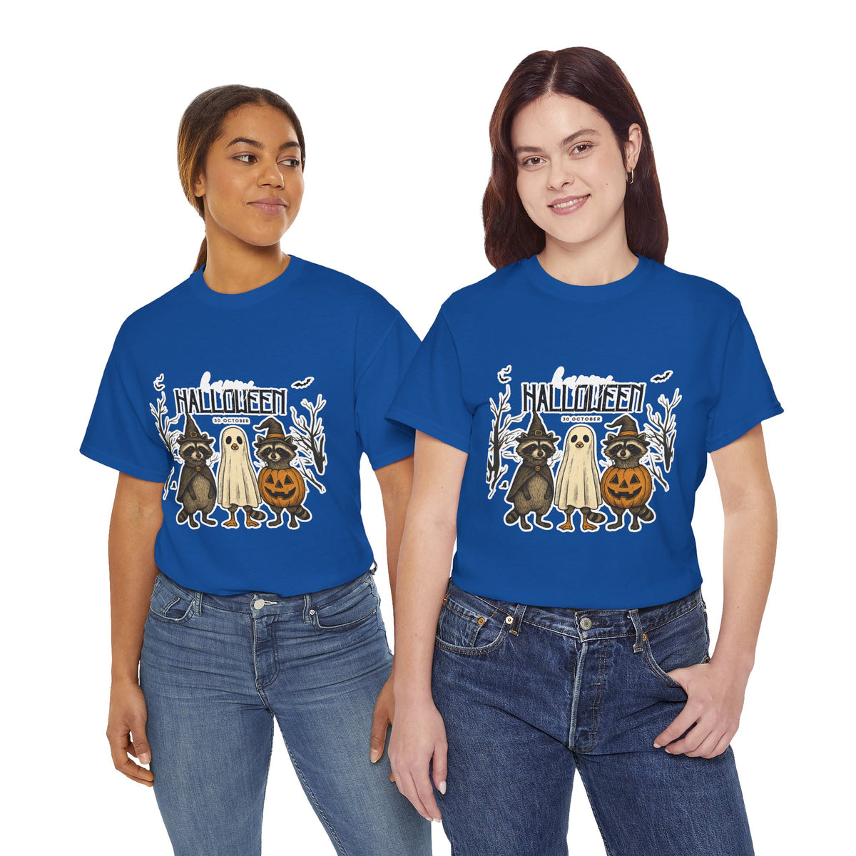 Halloween Raccoon Ghost Pumpkin T‑Shirt — Cute Spooky Costume Trio Tee