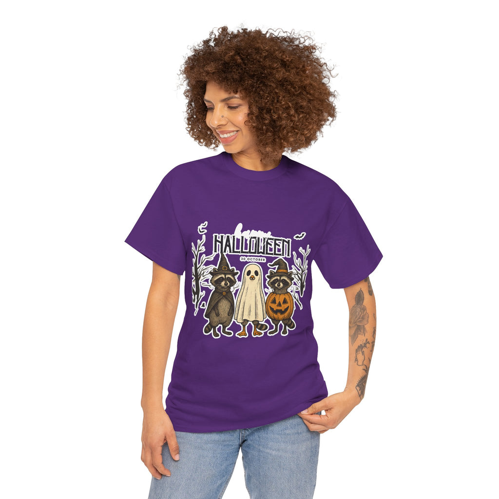 Halloween Raccoon Ghost Pumpkin T‑Shirt — Cute Spooky Costume Trio Tee
