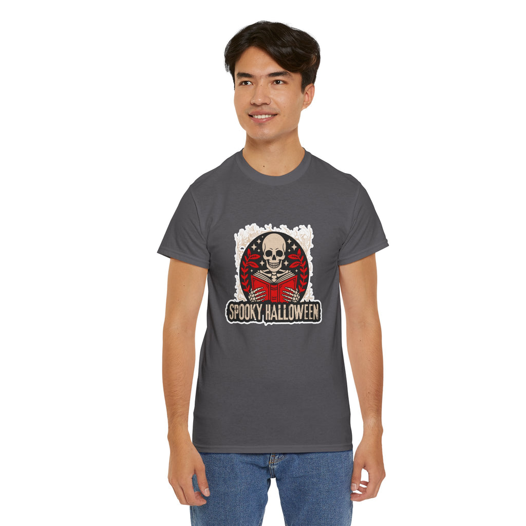 Spooky Halloween Skull Tee — Vintage Skeleton Reading Book Halloween T-Shirt