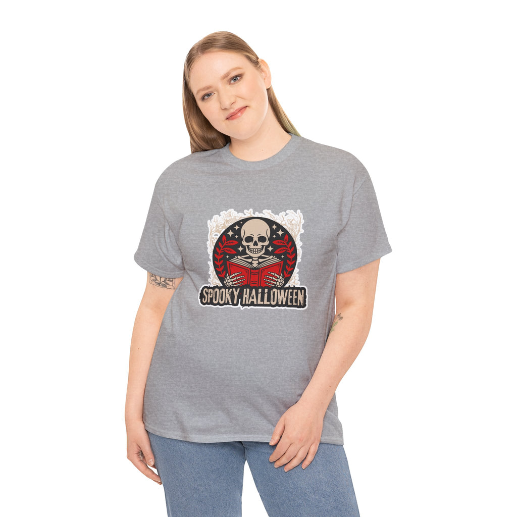 Spooky Halloween Skull Tee — Vintage Skeleton Reading Book Halloween T-Shirt