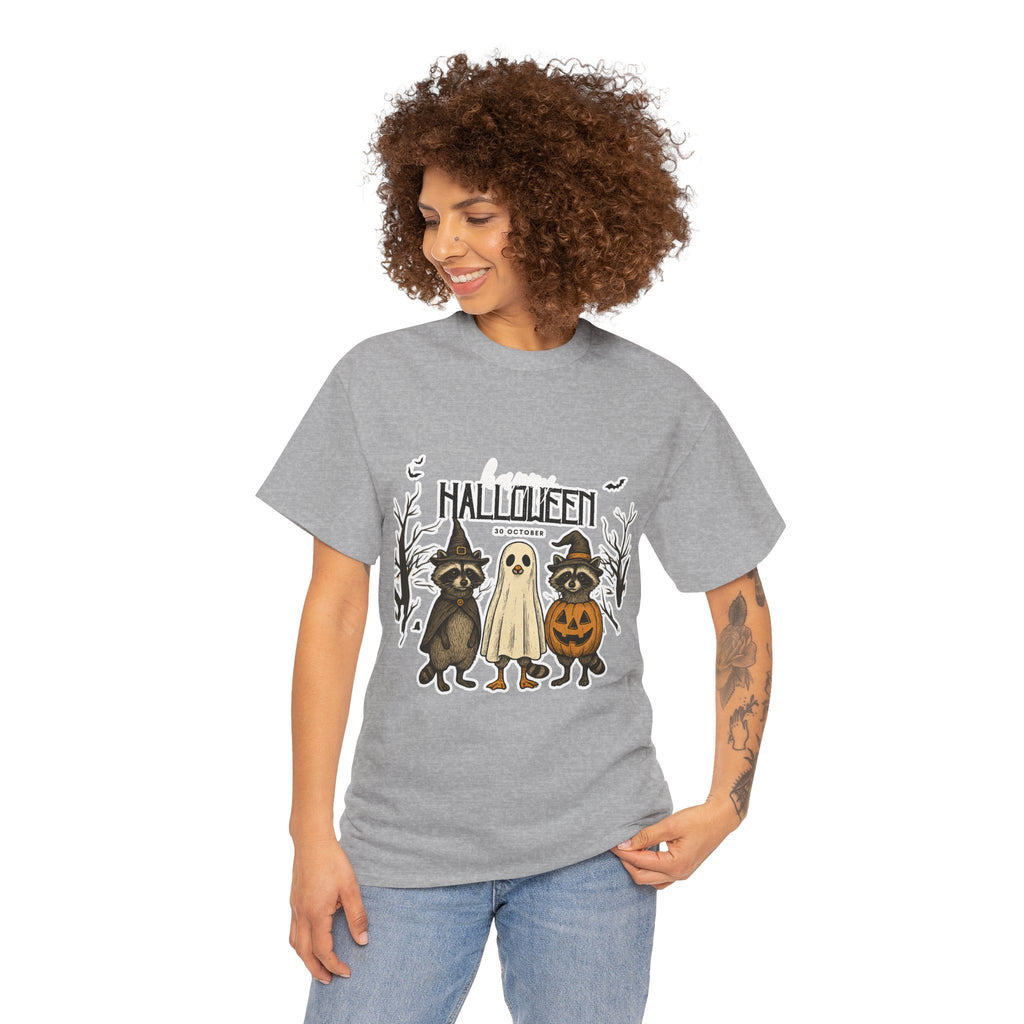 Halloween Raccoon Ghost Pumpkin T‑Shirt — Cute Spooky Costume Trio Tee
