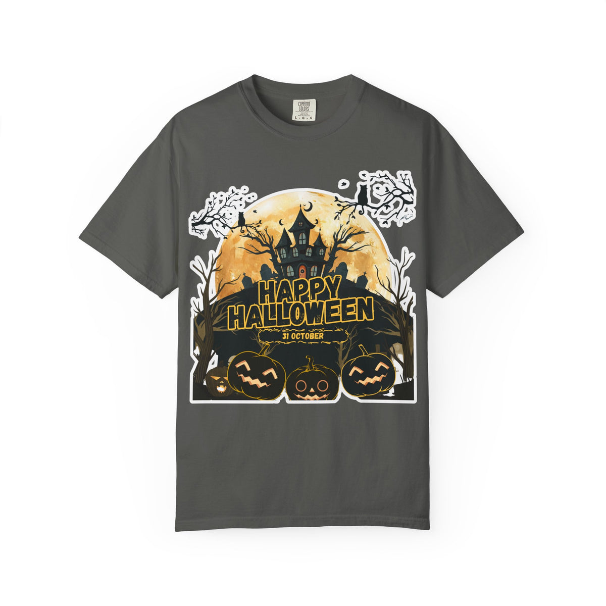 Halloween Haunted House T-Shirt — "Happy Halloween" Pumpkin Graphic Tee