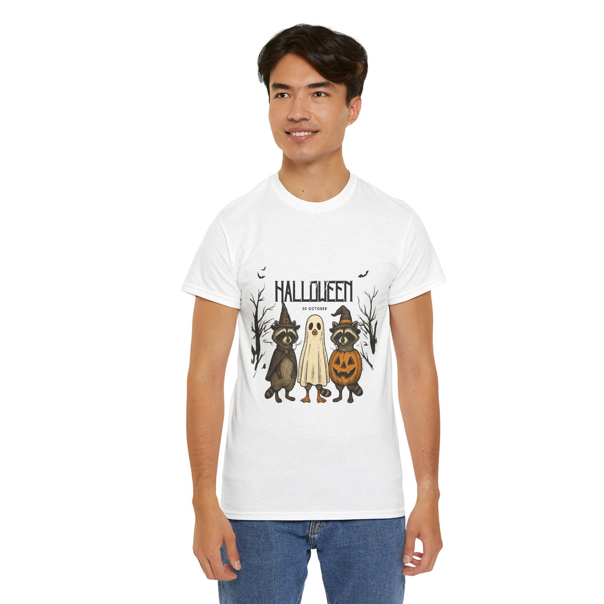 Halloween Raccoon Ghost Pumpkin T‑Shirt — Cute Spooky Costume Trio Tee