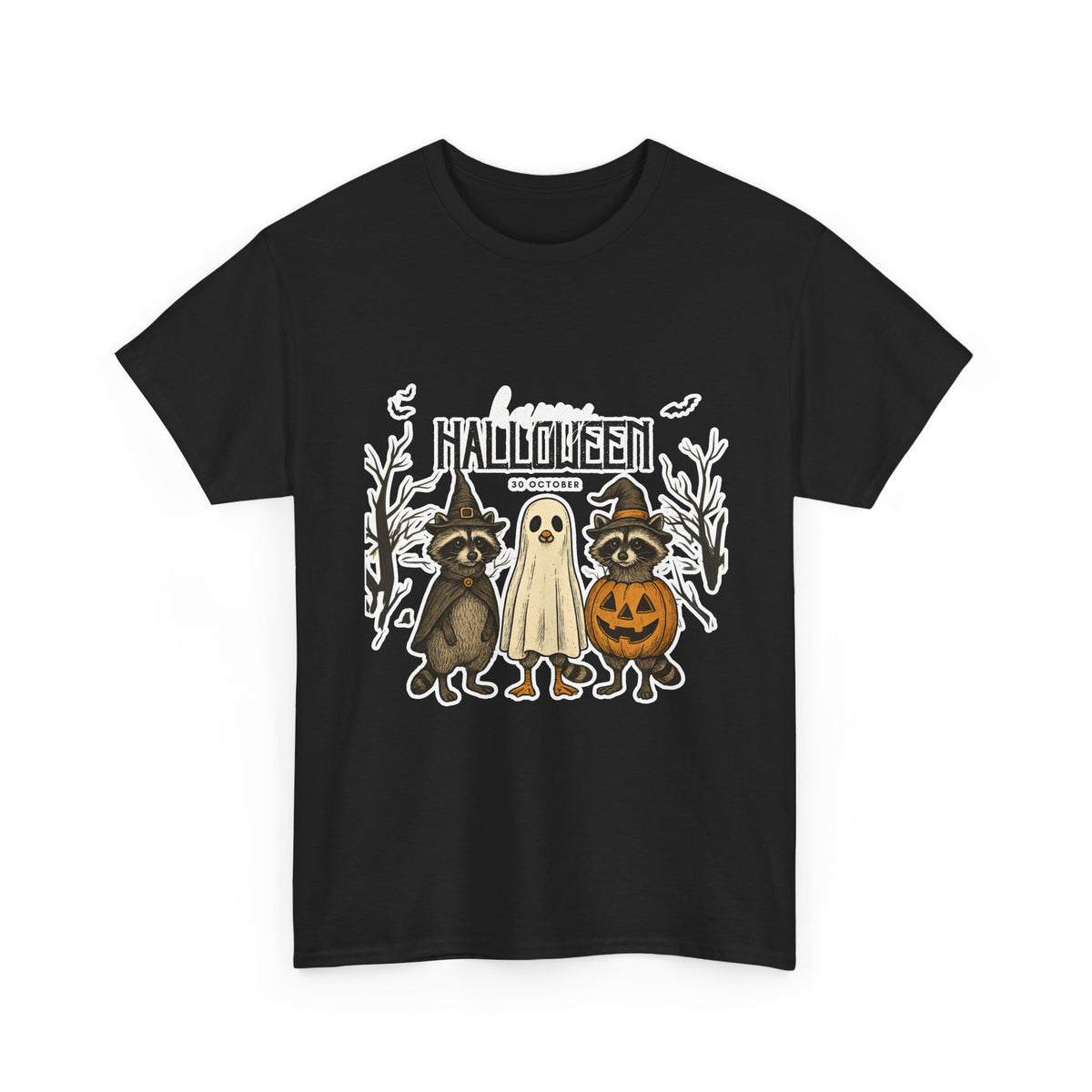 Halloween Raccoon Ghost Pumpkin T‑Shirt — Cute Spooky Costume Trio Tee
