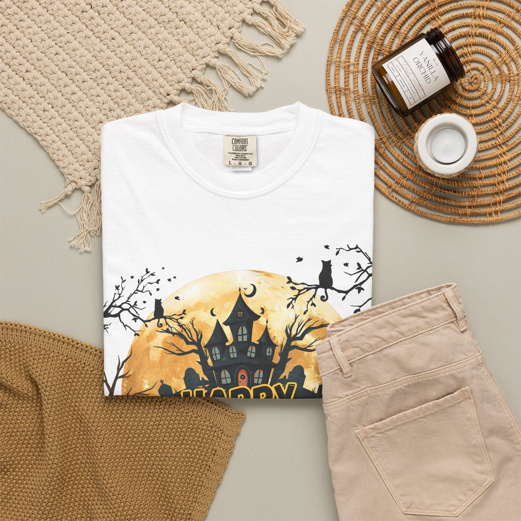 Halloween Haunted House T-Shirt — "Happy Halloween" Pumpkin Graphic Tee