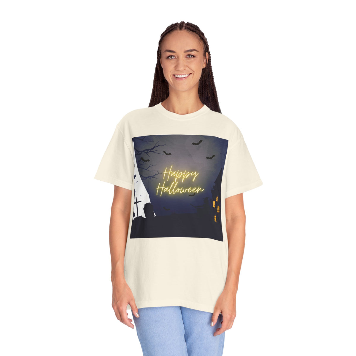 Halloween Night T-Shirt — "Happy Halloween" Haunted Graveyard Design