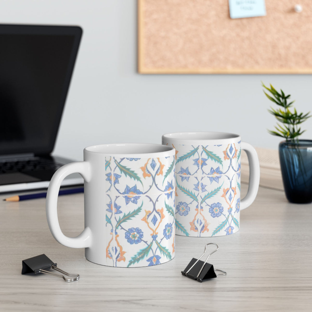 Floral Tile Pattern Ceramic Mug — Blue & Coral Botanical Design (11oz/15oz)
