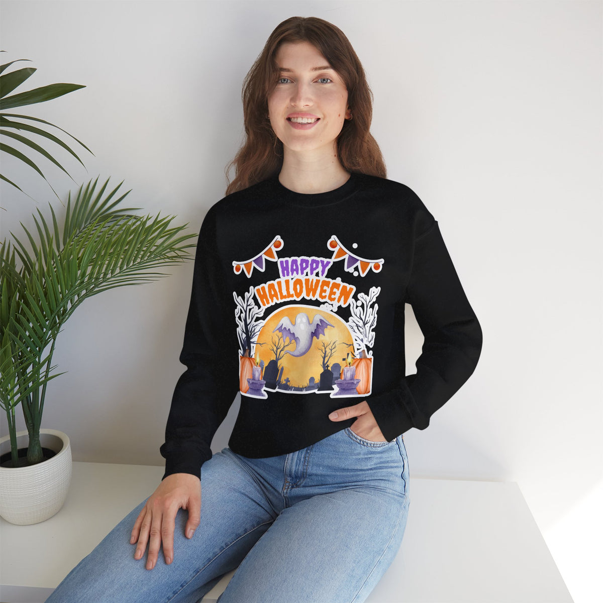 Happy Halloween Crewneck Sweatshirt — Cute Ghost Pumpkin Halloween Sweater