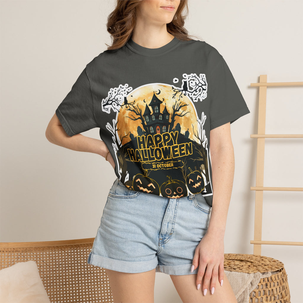Halloween Haunted House T-Shirt — "Happy Halloween" Pumpkin Graphic Tee