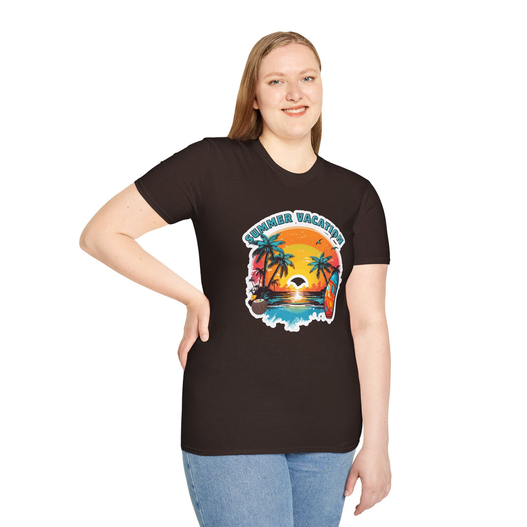 Summer Vacation T-Shirt – Tropical Sunset Surf Graphic
