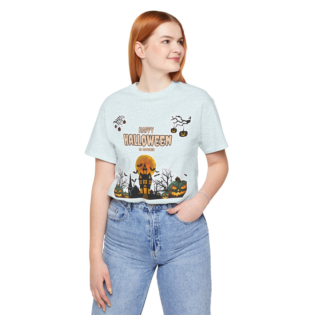 Halloween Haunted House T-Shirt — "Happy Halloween" Pumpkin Spooky Tee