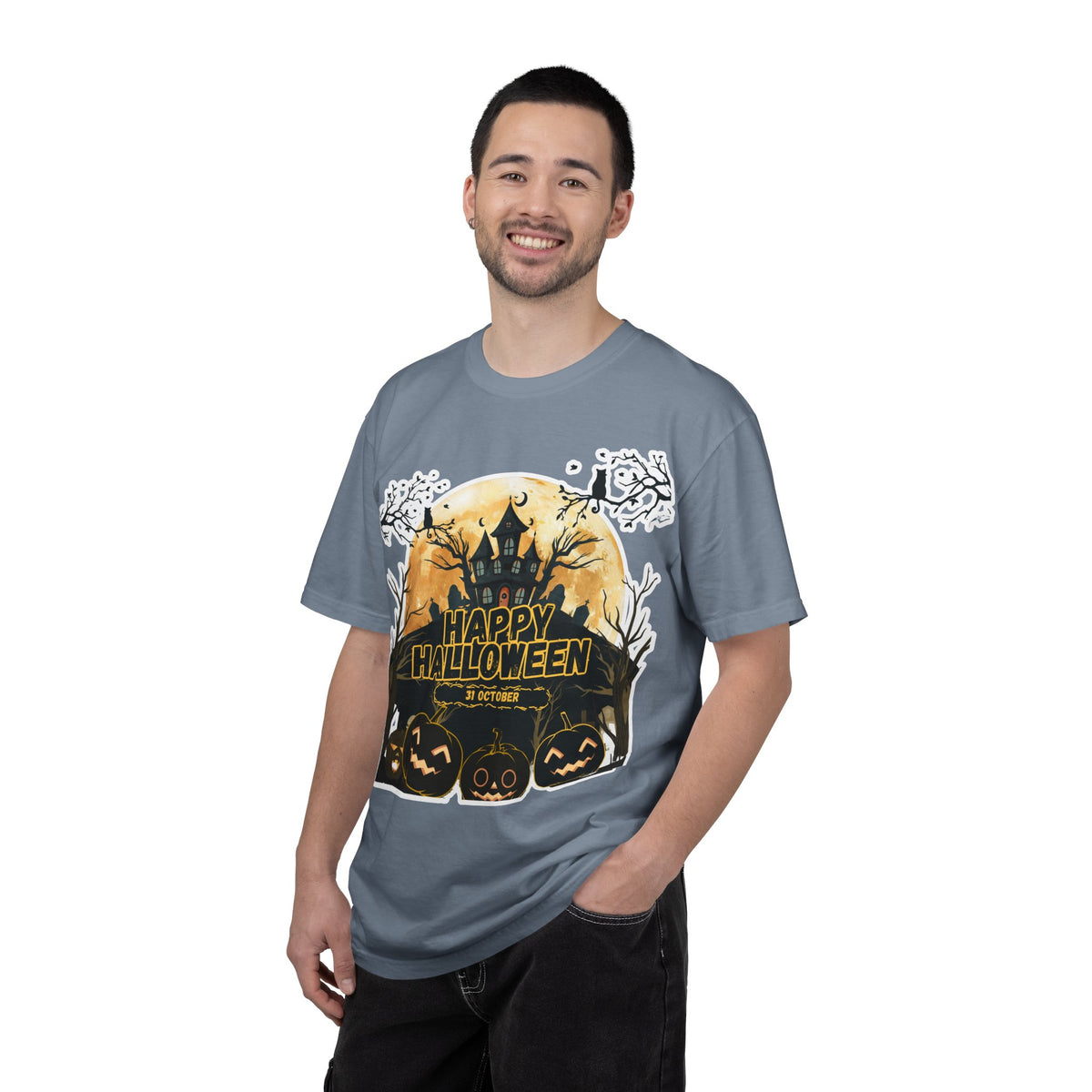 Halloween Haunted House T-Shirt — "Happy Halloween" Pumpkin Graphic Tee