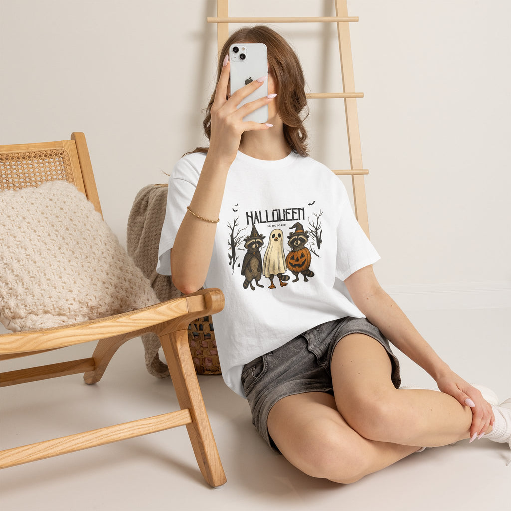 Halloween Raccoon Ghost Pumpkin T‑Shirt — Cute Spooky Costume Trio Tee