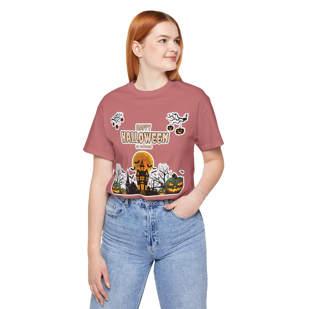 Halloween Haunted House T-Shirt — "Happy Halloween" Pumpkin Spooky Tee
