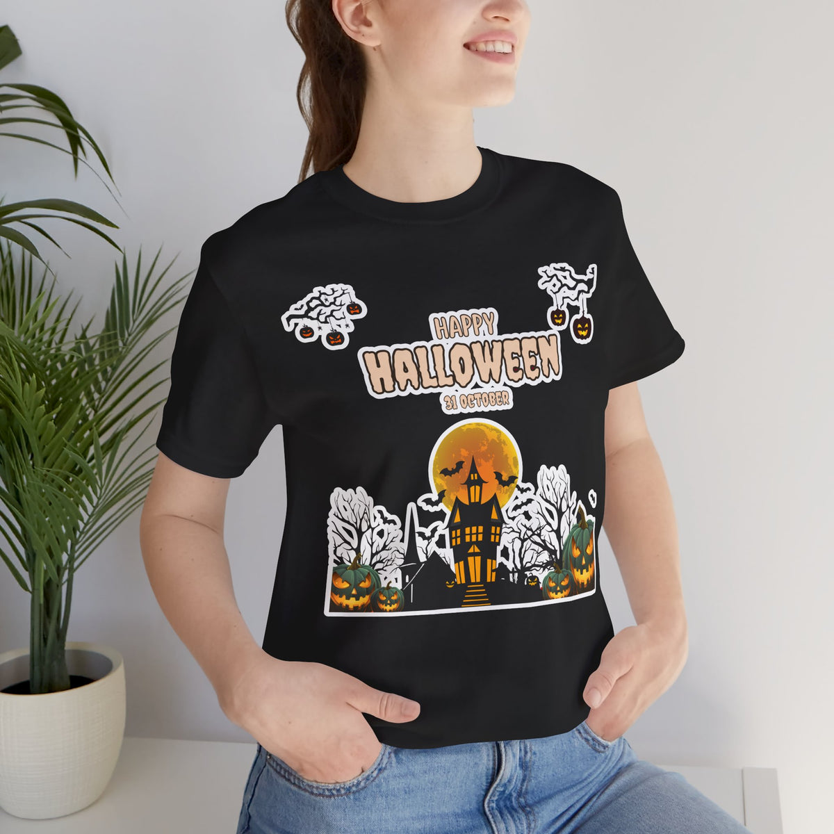 Halloween Haunted House T-Shirt — "Happy Halloween" Pumpkin Spooky Tee
