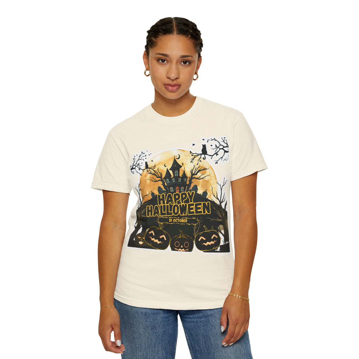 Halloween Haunted House T-Shirt — "Happy Halloween" Pumpkin Graphic Tee