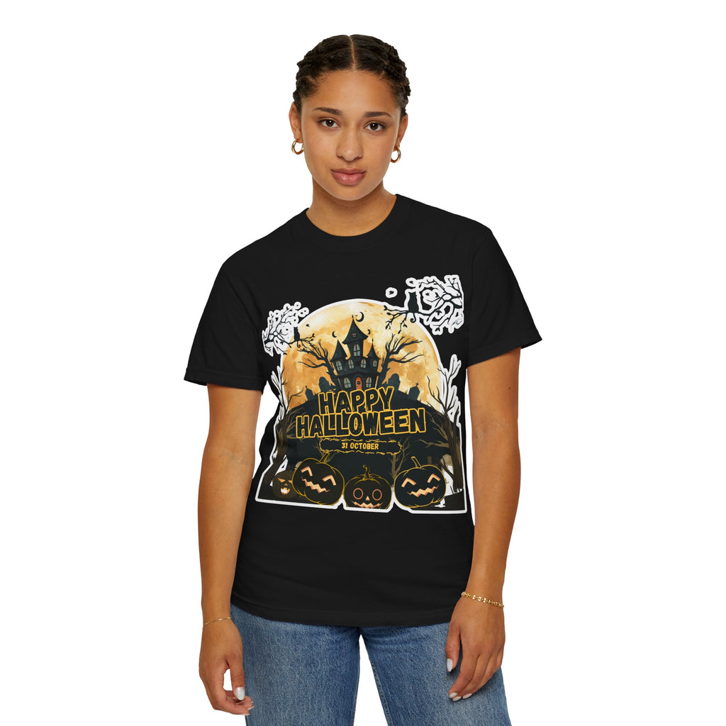 Halloween Haunted House T-Shirt — "Happy Halloween" Pumpkin Graphic Tee