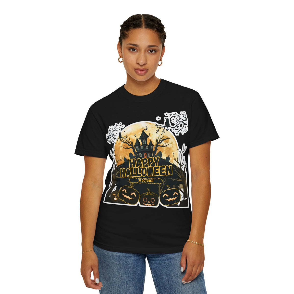 Halloween Haunted House T-Shirt — "Happy Halloween" Pumpkin Graphic Tee