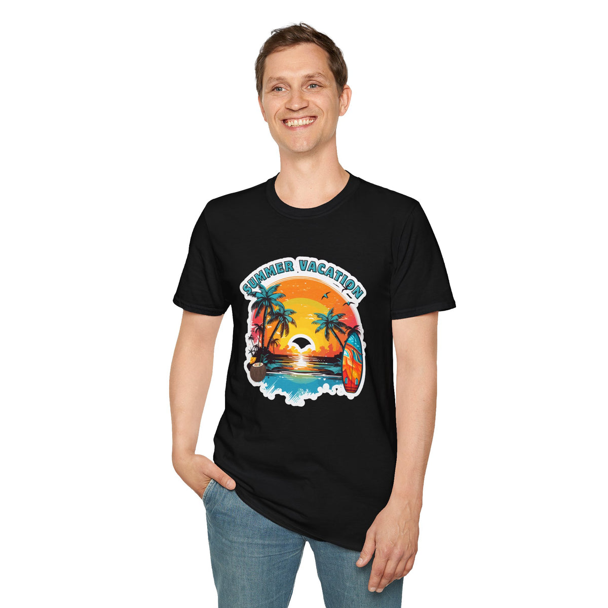 Summer Vacation T-Shirt – Tropical Sunset Surf Graphic