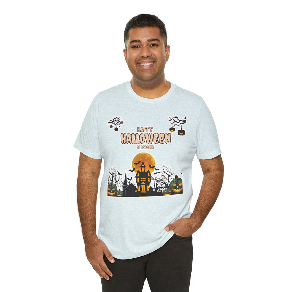 Halloween Haunted House T-Shirt — "Happy Halloween" Pumpkin Spooky Tee