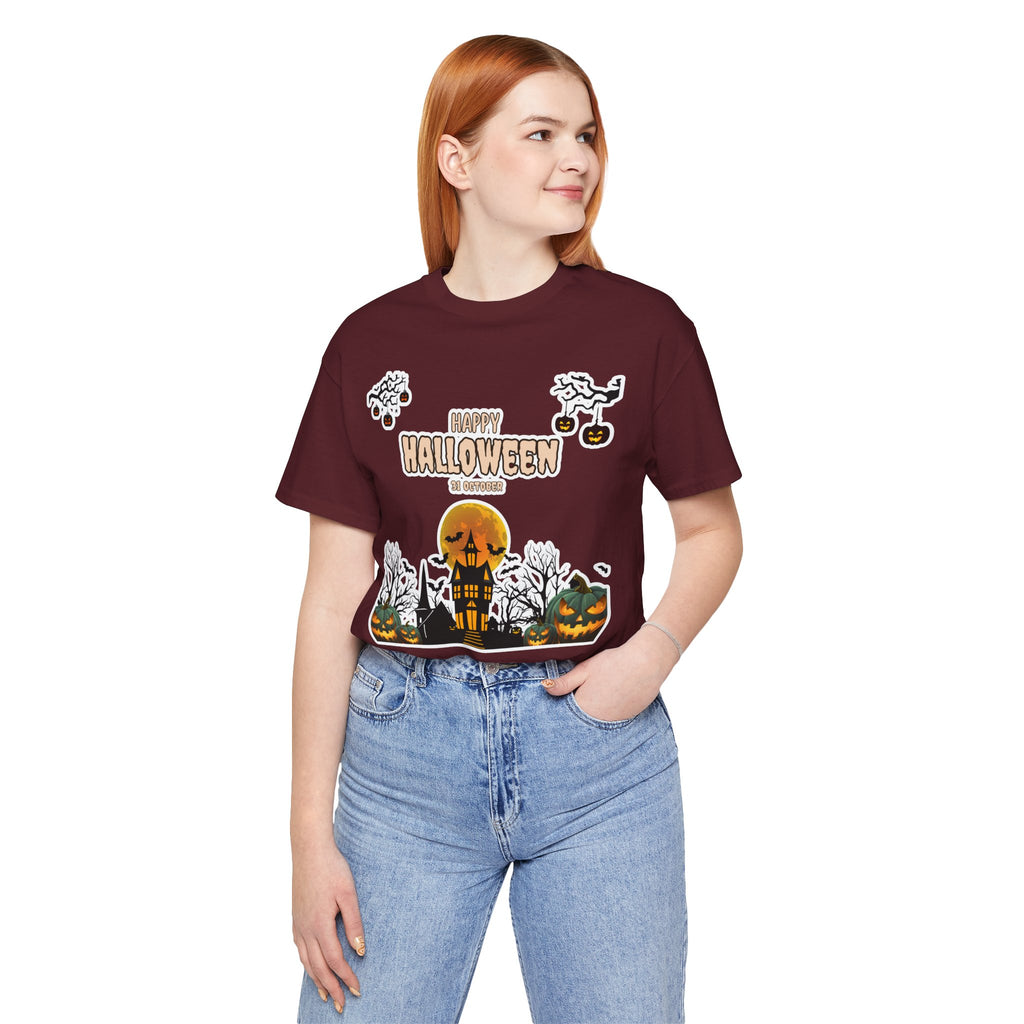 Halloween Haunted House T-Shirt — "Happy Halloween" Pumpkin Spooky Tee
