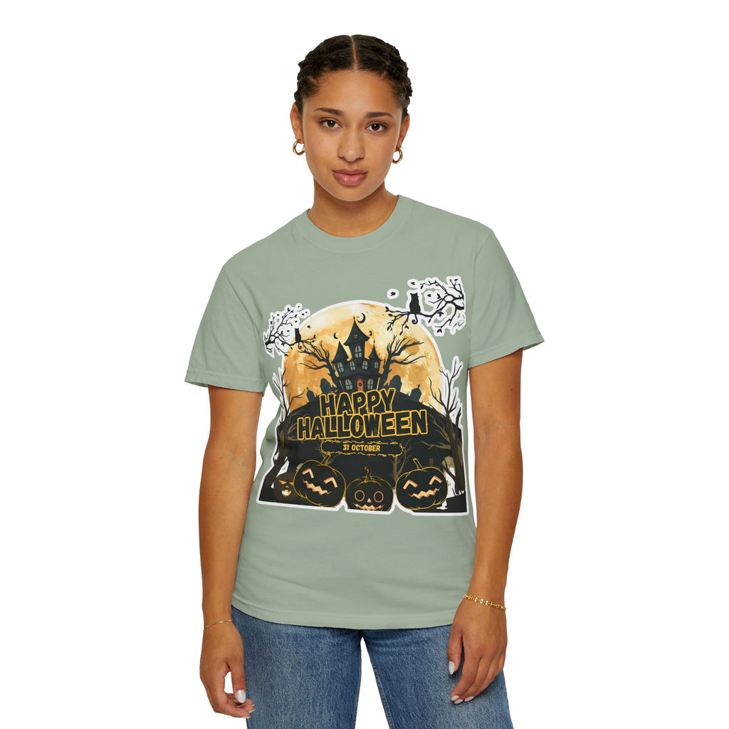 Halloween Haunted House T-Shirt — "Happy Halloween" Pumpkin Graphic Tee