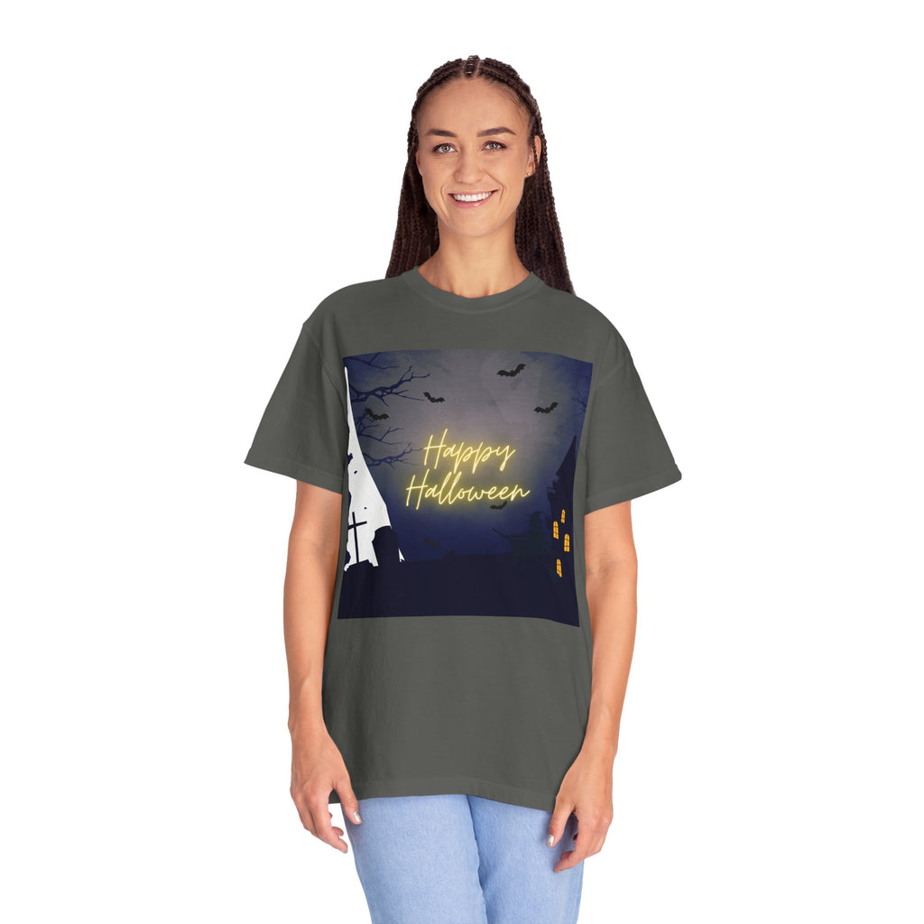 Halloween Night T-Shirt — "Happy Halloween" Haunted Graveyard Design