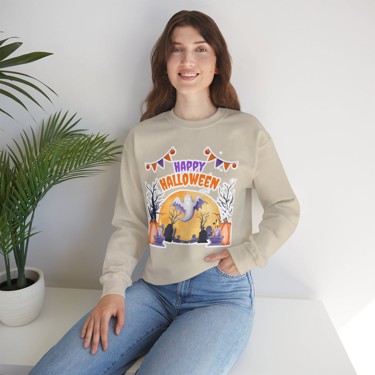 Happy Halloween Crewneck Sweatshirt — Cute Ghost Pumpkin Halloween Sweater