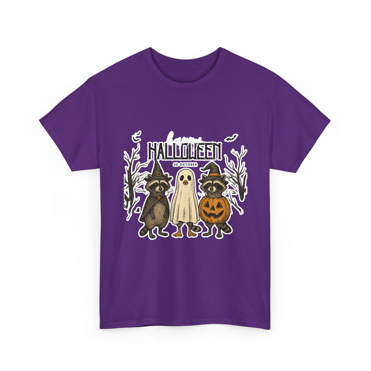 Halloween Raccoon Ghost Pumpkin T‑Shirt — Cute Spooky Costume Trio Tee