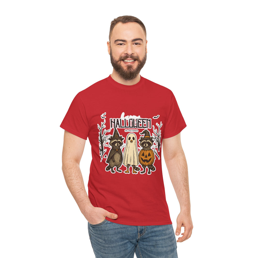 Halloween Raccoon Ghost Pumpkin T‑Shirt — Cute Spooky Costume Trio Tee