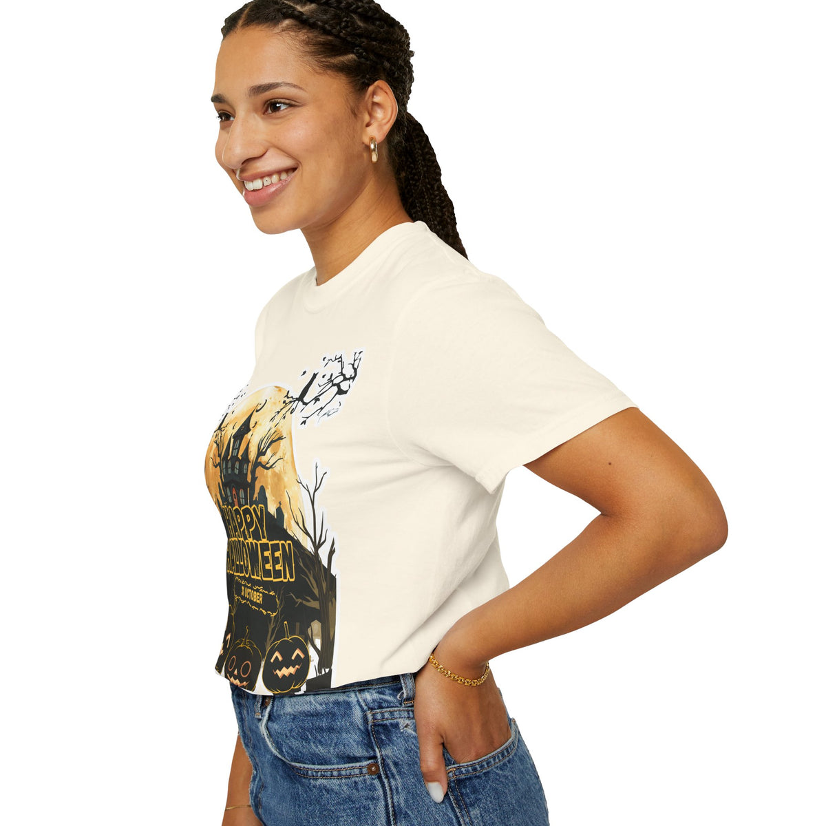 Halloween Haunted House T-Shirt — "Happy Halloween" Pumpkin Graphic Tee