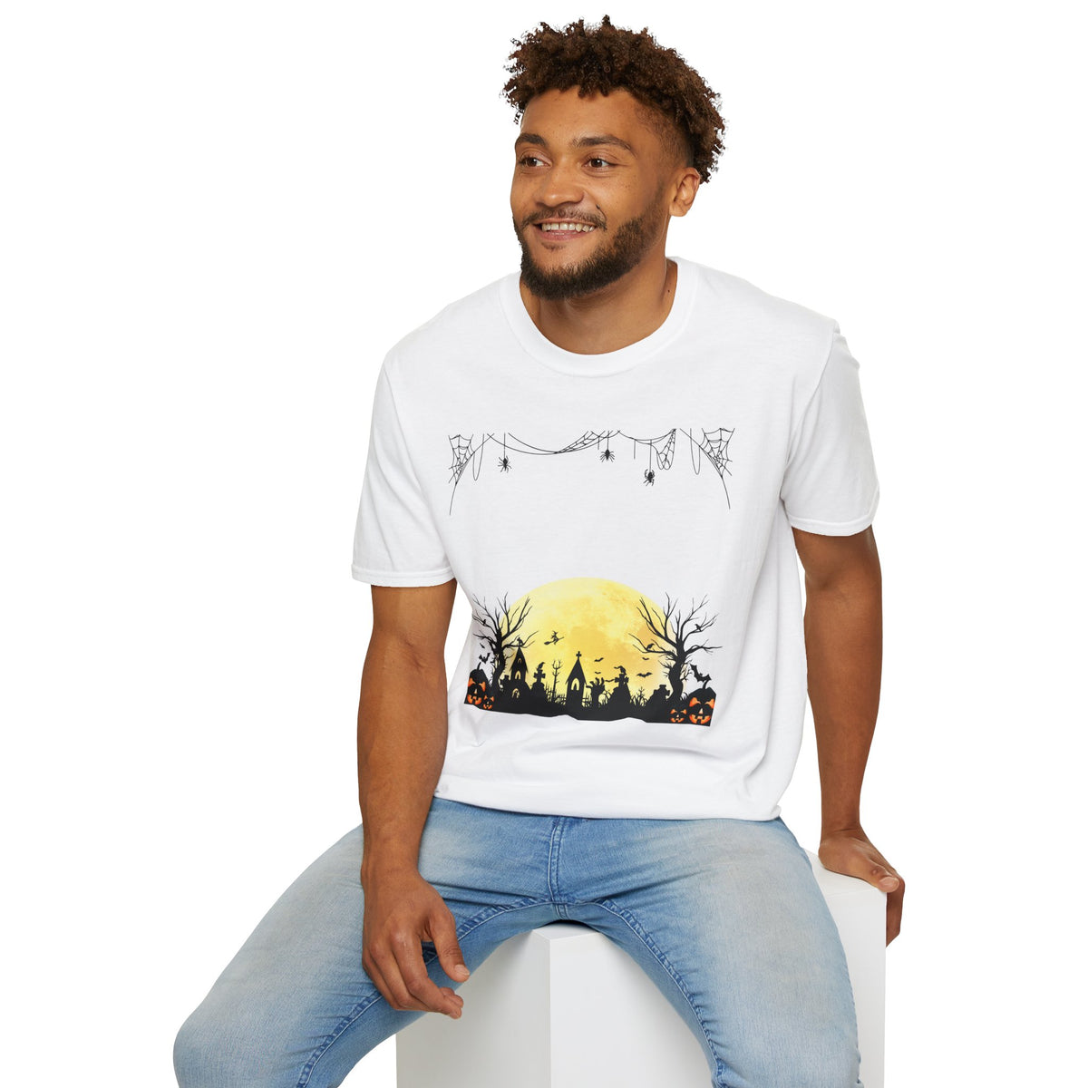 Halloween Moon Silhouette T-Shirt — Spooky Graveyard Pumpkin Scene