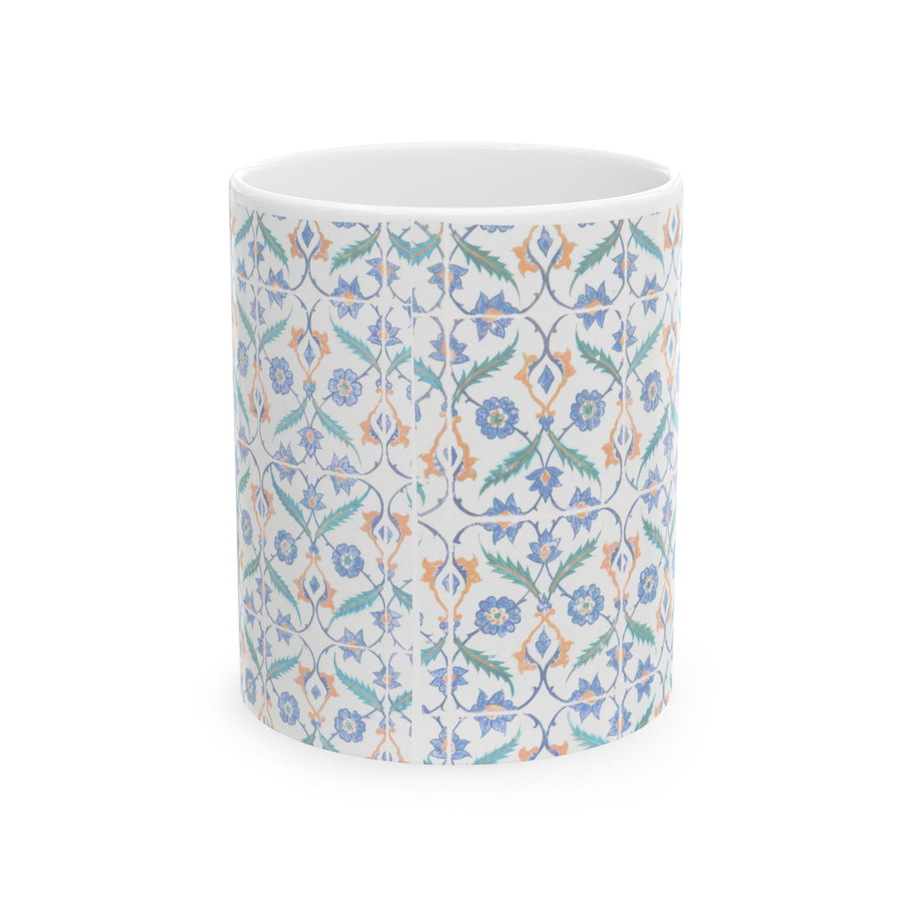 Floral Tile Pattern Ceramic Mug – Blue & Orange Decorative Coffee Cup (11oz/15oz)