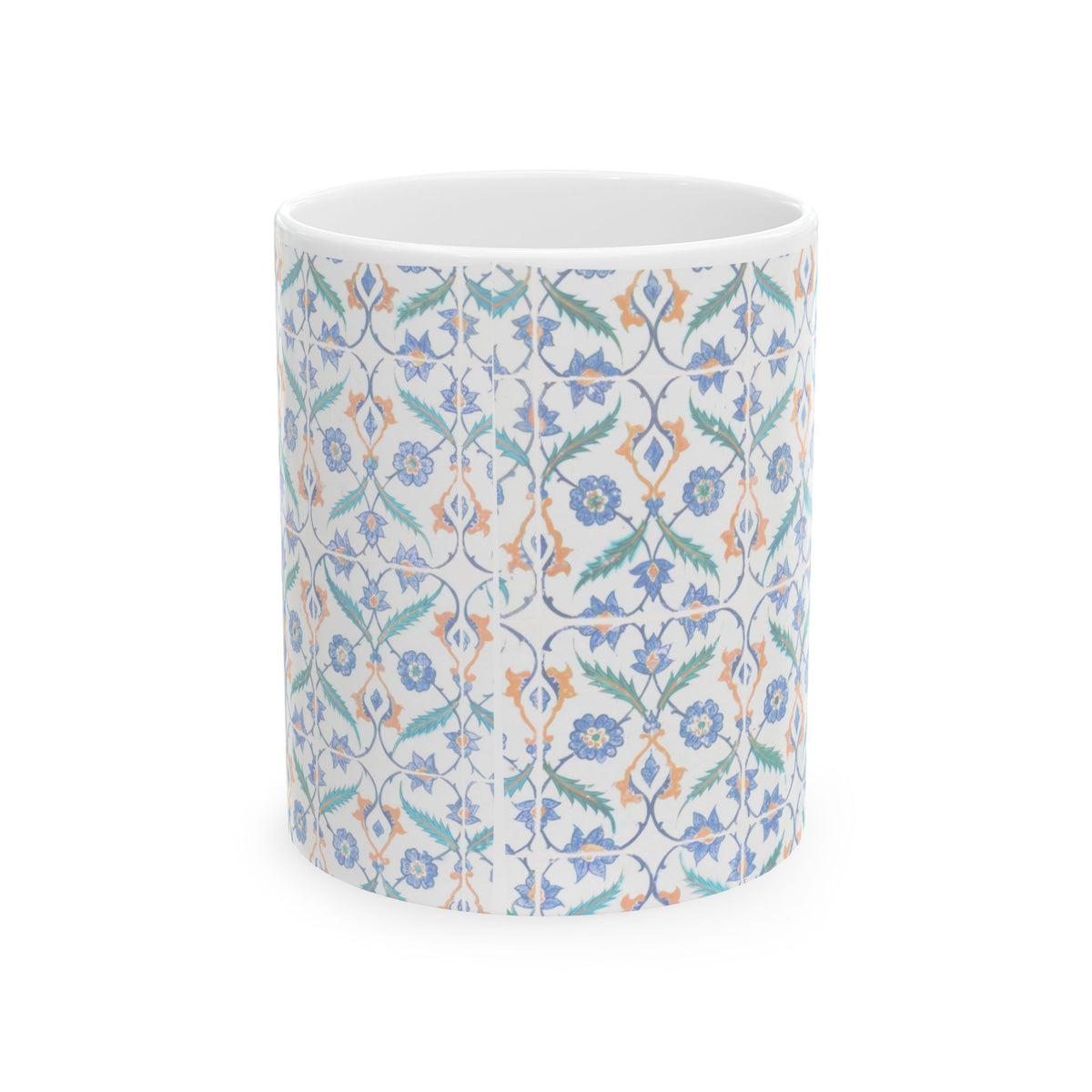 Floral Tile Pattern Ceramic Mug – Blue & Orange Decorative Coffee Cup (11oz/15oz)